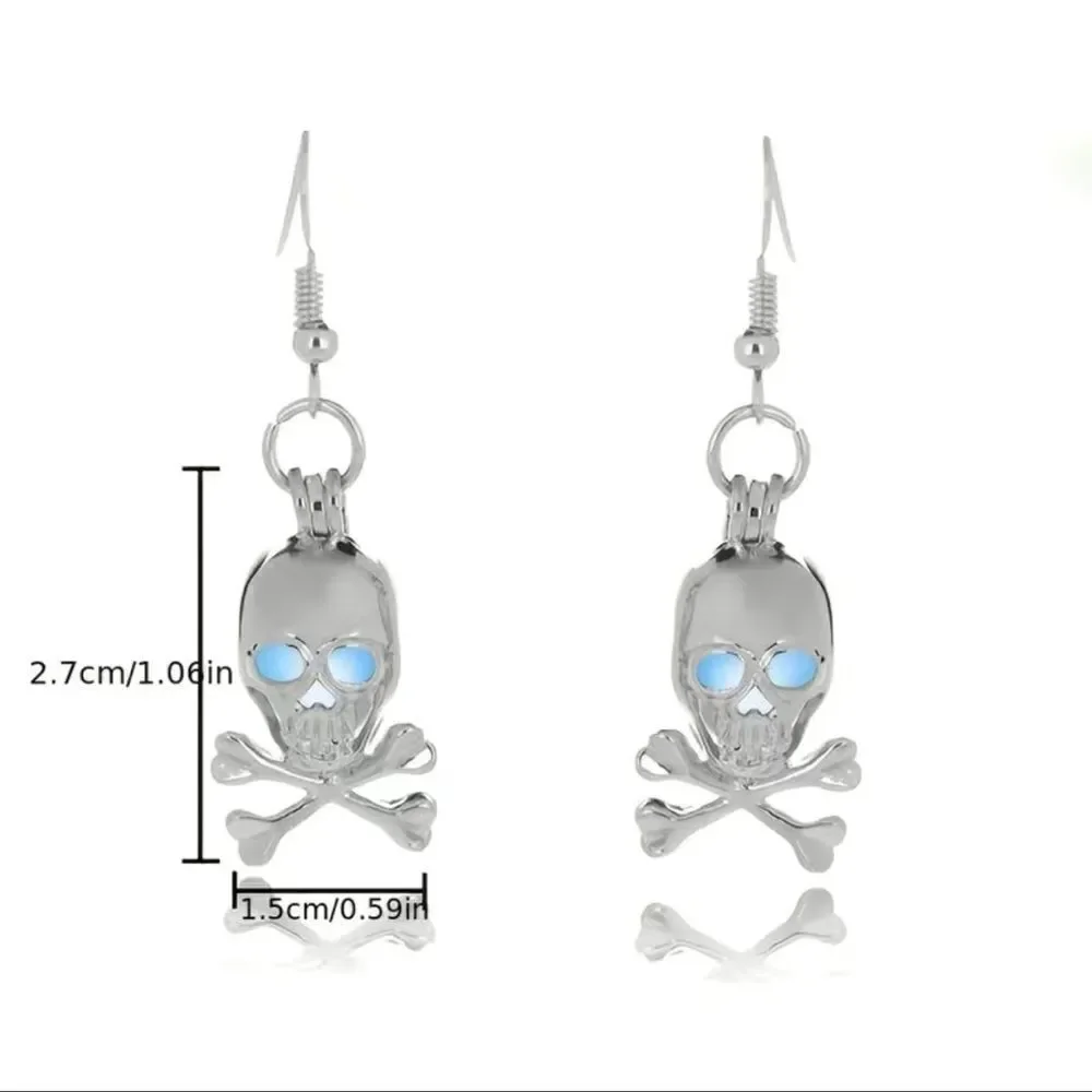 Luminous skull, head dangle earrings.Alloy material, measurements, and pictures.